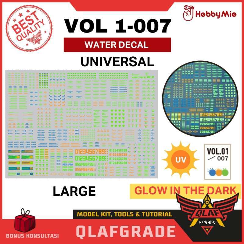 Water Decal Large VOL 1- 007 GLOW IN THE DARK UV MG HG RG PG High  Water Slide DecalHobby mio