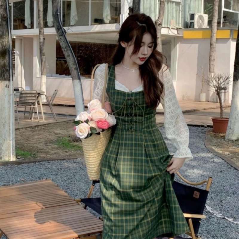 DRESS 2IN1 PERANCIS RETRO IMPORT KOREA STYLE FASHION WANITA KOREAN MID