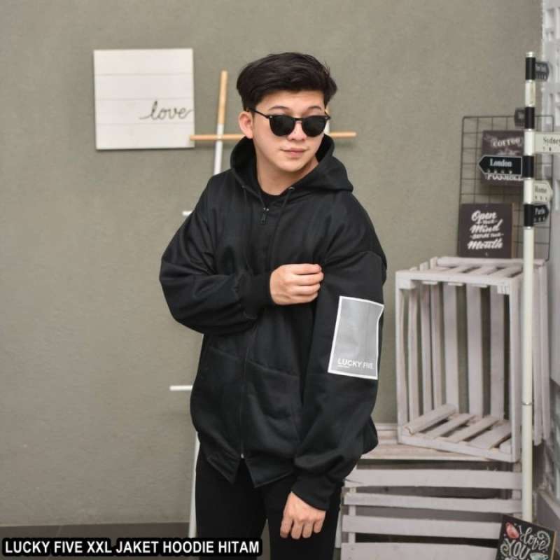 LUCKY FIVE XXL JAKET HOODIE Oversize Pria Wanita Jumbo Vintage Retro Hitam