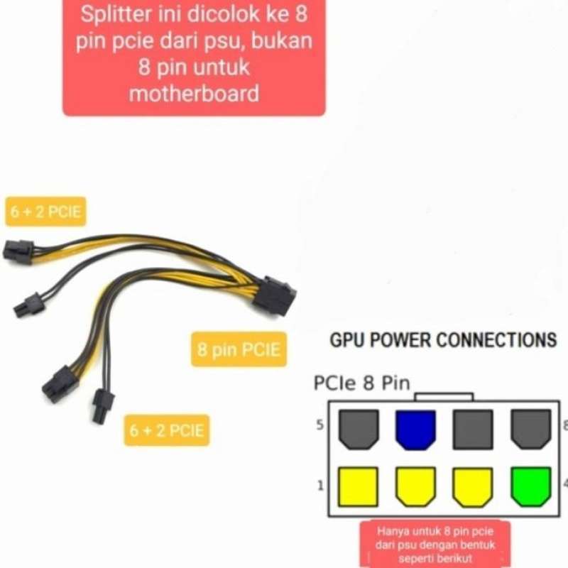 kabel splitter pin pcie to dual 6+2 straight gaming mining gpu power