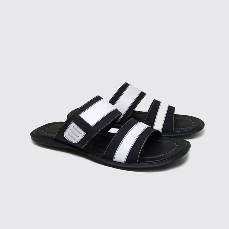 Sandal Pria Rogelio Italian Leather Big Size Sendal Slide Cowok Casual  Black White Double Spon Empuk Ukuran Jumbo