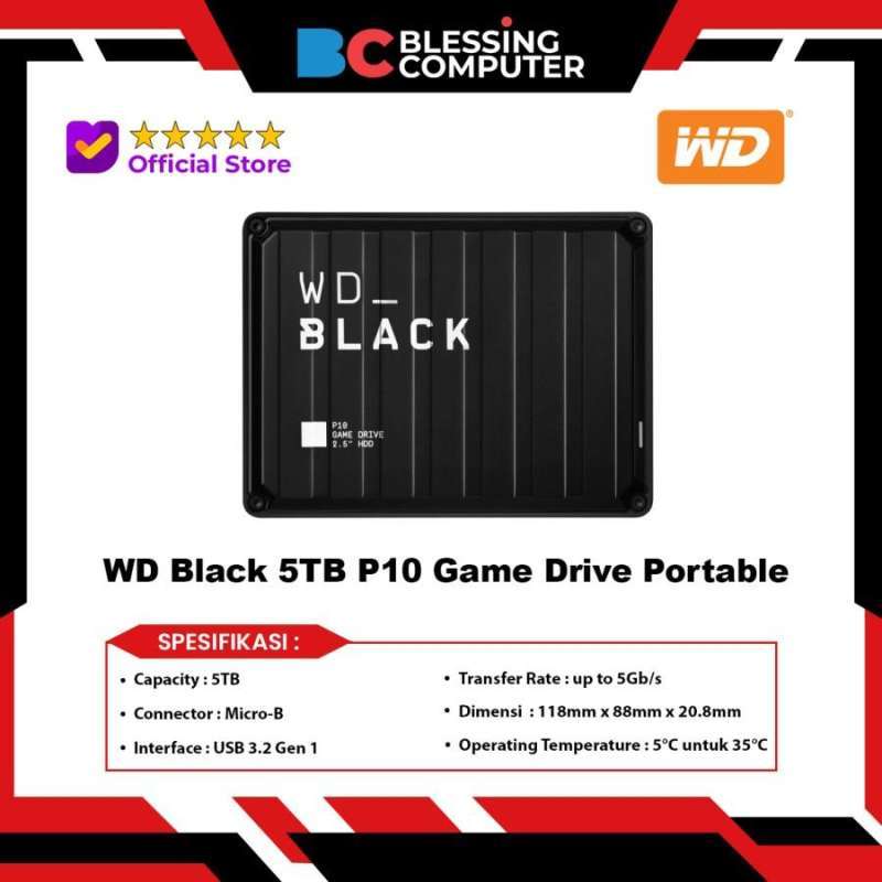 WD Black 5TB P10 Game Drive Portable for PS5/PS4/Xbox One/PC/Mac USB  WDBA3A0050BBK-WESN Black