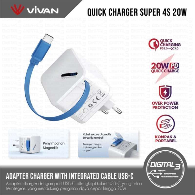 VIVAN Quick Charger Super 4S Mini Adapter Integrated Cable USB-C 70cm Fast  Charging 20W 3A PD iPhone Android Samsung