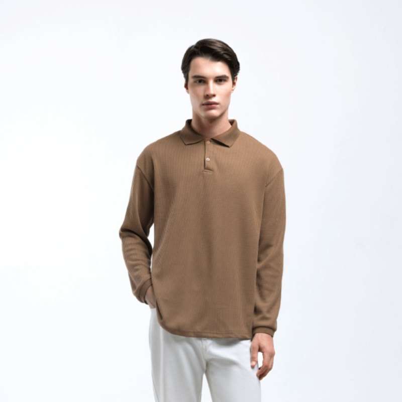 Broodis Kaos Polo Shirt Pria Waffle Knit HAKONE BROWN lengan panjang