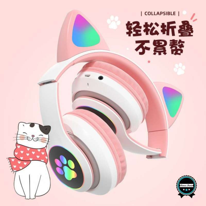 headphone Kucing LED Color Headset Gaming Bluetooth Wireless Game Headset  Cat Ear