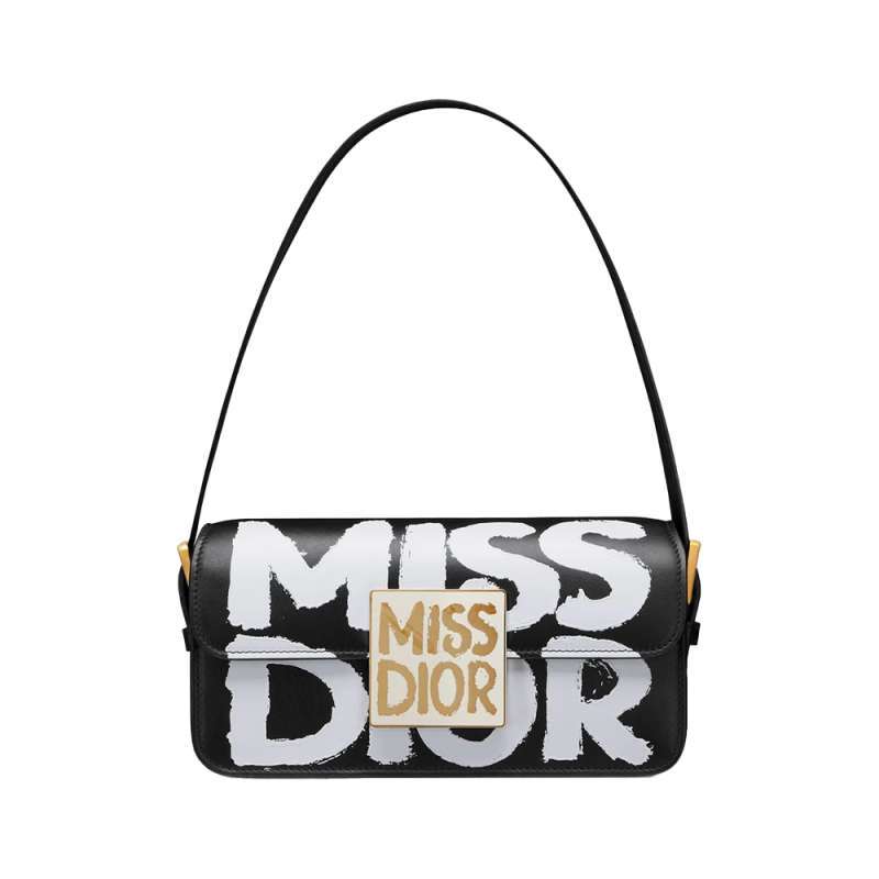 Christian Dior Miss D Graffiti Printed Flap Bag Calfskin White Black