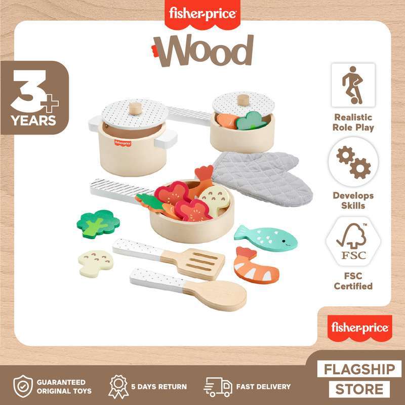 Fisher-Price Wooden Pots Pans Set Mainan Edukasi Anak Balita