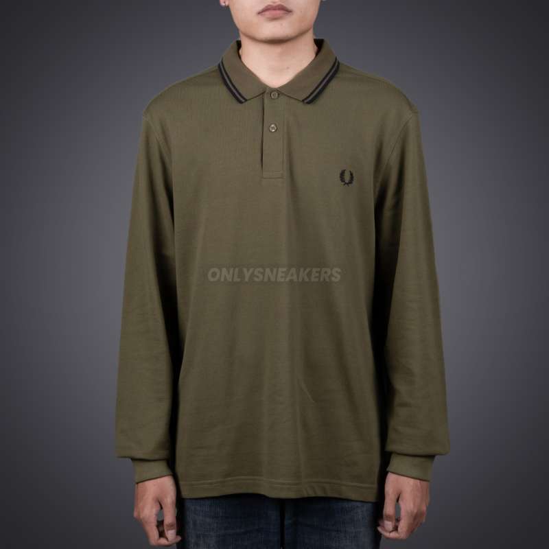FRED PERRY TWIN TIPPED POLO BLACK KHAKI LONG SLEEVE