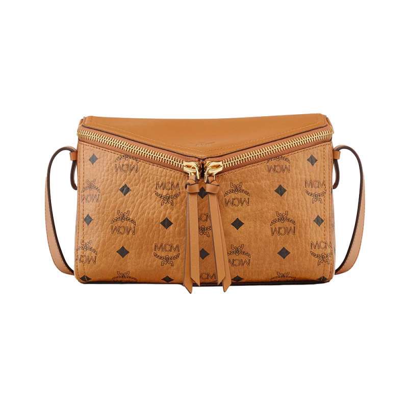 MCM Small Diamant 3D Shoulder Bag Visetos Mix Leather Cognac