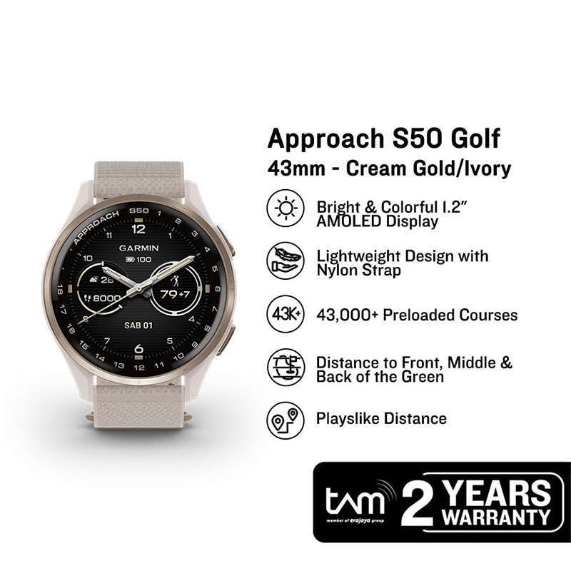 Jam Tangan Unisex Garmin Approach S50 010-03010-41 Smartwatch Advanced GPS  Golf Slate Aluminum Bezel Ivory Nylon Band