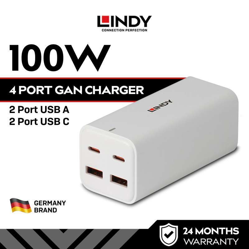 LINDY 100W Port GaN Power Adaptor Charger Laptop Handphone (2x USB-C 2x  USB-A) Fast Charging PPS Compact