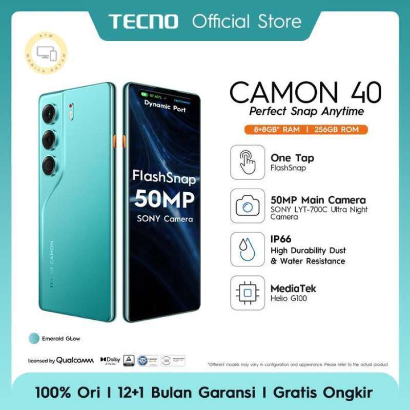 TECNO CAMON 40 8+8GB*/256GB, 50MP Sony 8MP Ultra Wide Camera, 32MP  Front Camera, 120Hz AMOLED, IP66, 5200mAh+45W, Garansi 12+1 Bulan