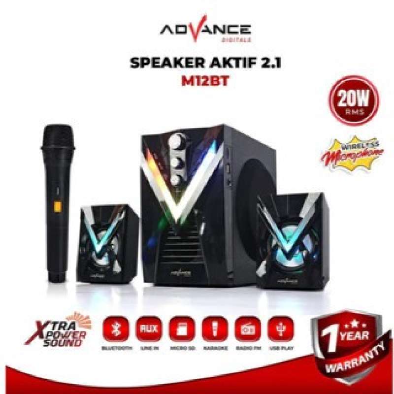 Advance M12BT Bluetooth Speaker with Wireless Mic and RGB LED for Karaoke, 3.5MM Support, 20W Output. Ideal for Android TV and Portable Multimedia Use