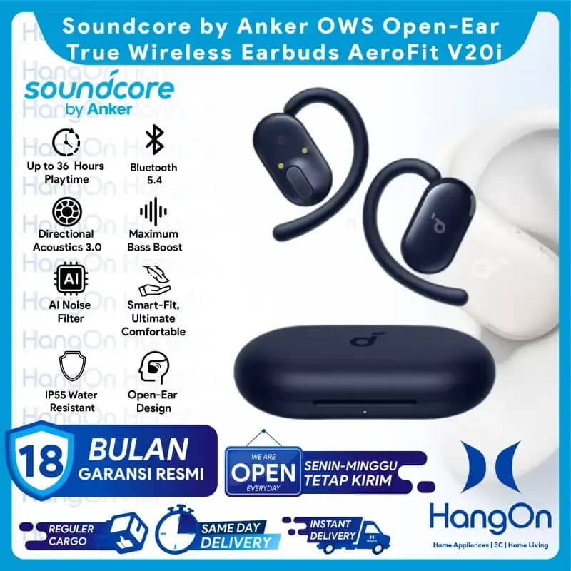 Soundcore by Anker AeroFit V20i OWS Open-Ear Earbuds Adjustable Ear Hooks  Ultra-Comfort Snug Fit Powerful Sound Clear Calls Waterproof IP55 Water Resi