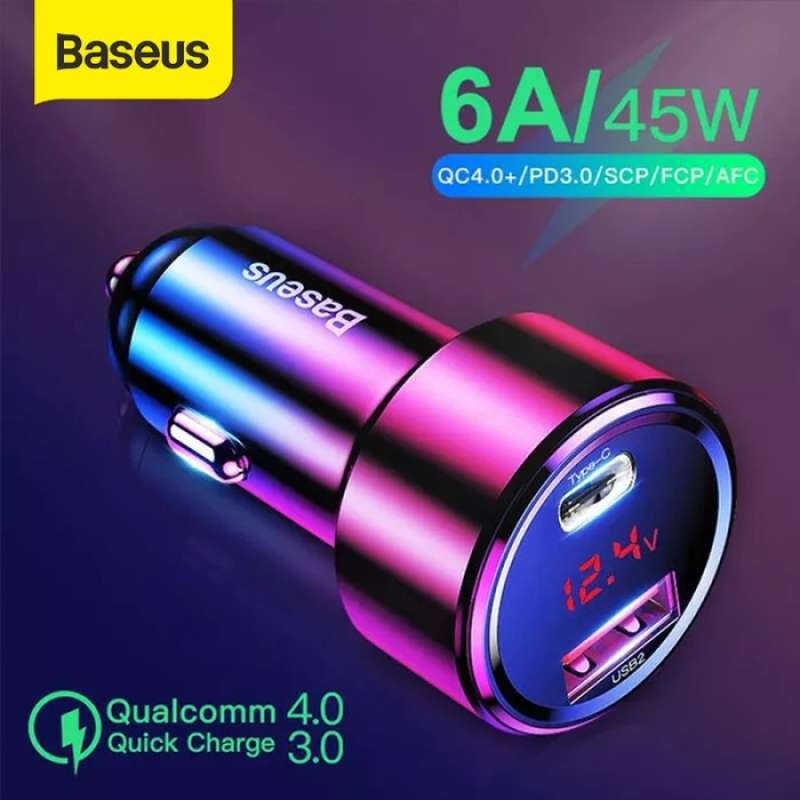 Jual BASEUS CAR CHARGER 45W QC 4.0 MOBIL FAST TYPE C PD USB 6A LED di