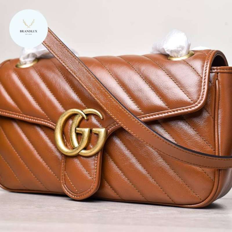 GUCCI MATELASSE GG MARMONT SMALL BAG BROWN GHW 100% Authentic