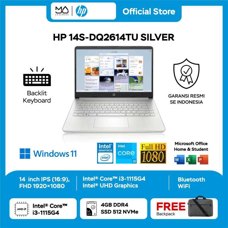 HP 14 inch Laptop untuk Sobat Maju, dengan Prosesor Intel® Core™ i3 dan 4GB RAM, Serta Keyboard Backlit dan Kamera HD. Cocok untuk Kerja dan Hiburan