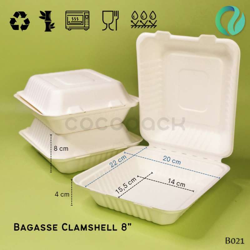 Jual Bagasse Clamshell 8 Inch 900ml White Food Container 25 Pcs Di ...