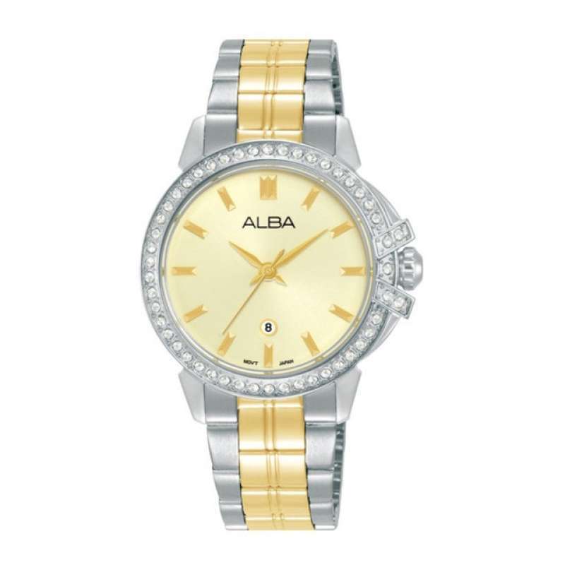 Jam Tangan Wanita AH7CX3 Quartz Swarovski Crystal Stainless Steel Strap  Gold Watch