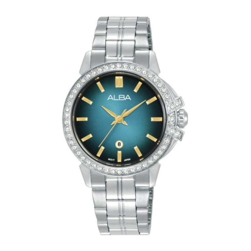 Jam Tangan Wanita AH7CX7 Quartz Swarovski Crystal Stainless Steel Strap  Blue Black Dual Tone Watch
