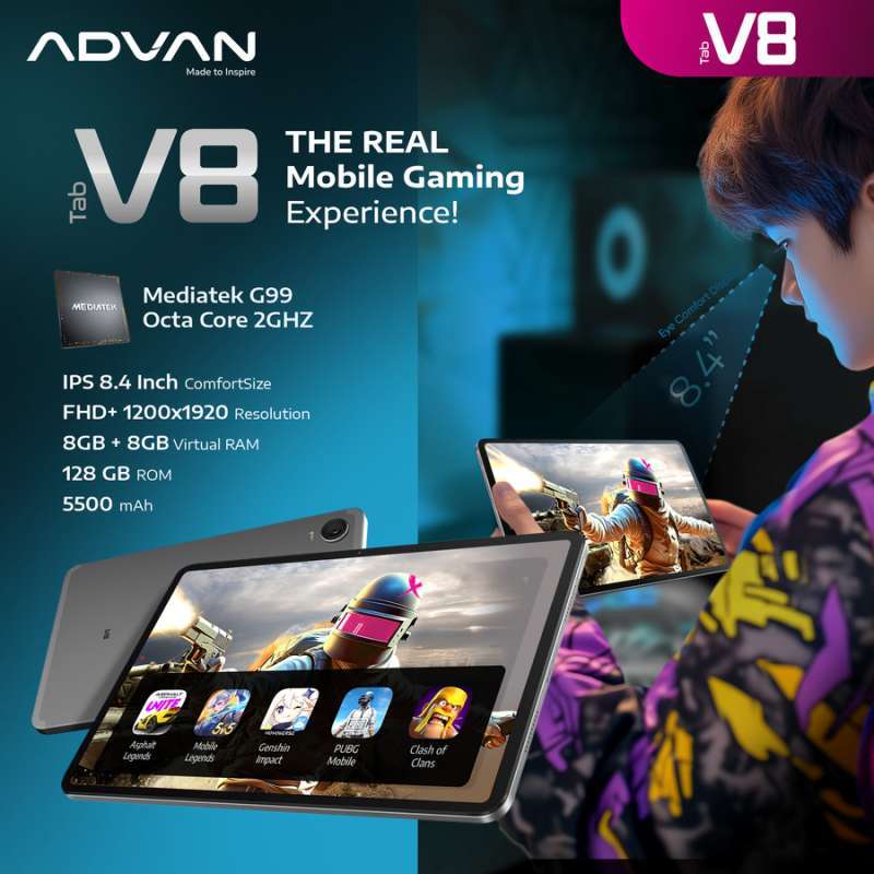 Advan Tab V8 dengan Layar 8.4 Inch, RAM 16GB, dan Penyimpanan 128GB, Ditenagai Helio G99. Ideal untuk Gaming dan Aktivitas Sehari-hari