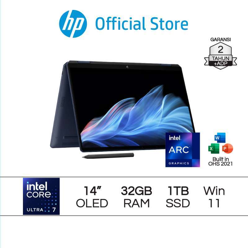 Laptop HP OmniBook Ultra Flip dengan Intel Core Ultra 7, 32GB RAM, dan 1TB SSD, 14 3K OLED. Garansi 2 Tahun, Ideal untuk Profesional dan Kerja Kreatif