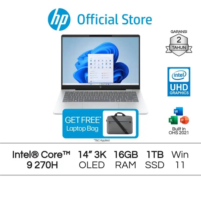 HP OmniBook 7 untuk Kerja dengan Intel Core 9, Layar 14 OLED, 32GB RAM, 1TB SSD, dan Windows 11, Cocok untuk Profesional. Garansi Resmi 2 Tahun