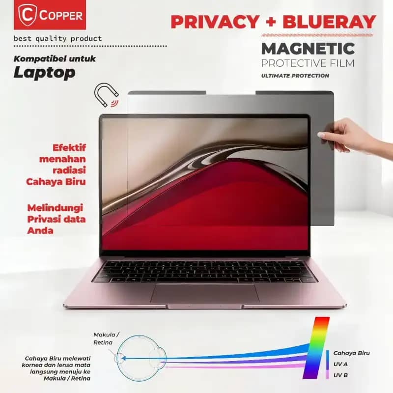 Copper Anti-Spy Magnetic Screen Filter with Anti-Blueray for MacBook and Laptop, Fits 13-16 inch, Matte and Glossy Surfaces for Privacy and Eye Comfort. Ideal for Public Spaces and Offices