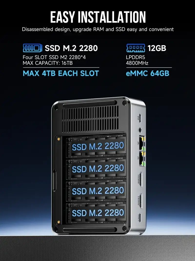 GMKtec Mini PC G9 – N150, 12GB DDR5, 64GB EMMC + 512GB SSD, 4x M.2