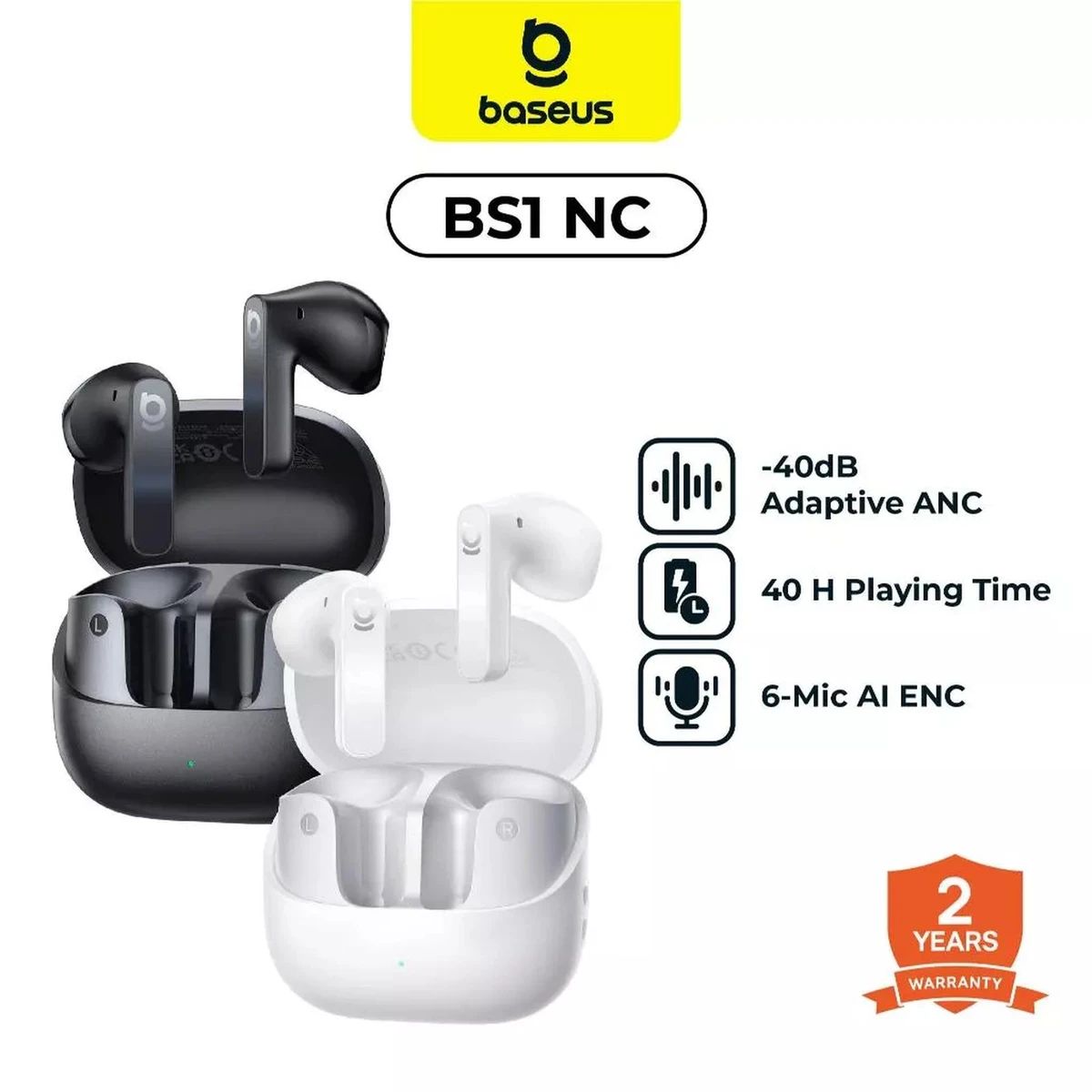 Baseus BS1 NC Semi-In-Ear Headphones Bluetooth Noise Cancelling Headphones Wireless with Noise Cancelling Earbuds with Hi-Res & LDAC, 6-Mic AI Clear Call, IP55, 40 Hours Playtime, Bluetooth 6.0