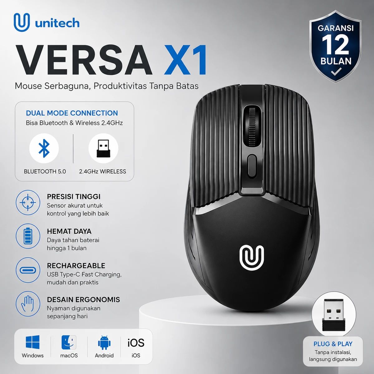 Promo Unitech Mouse Wireless Bluetooth Rechargeable Versa X1 Pro Silent ...