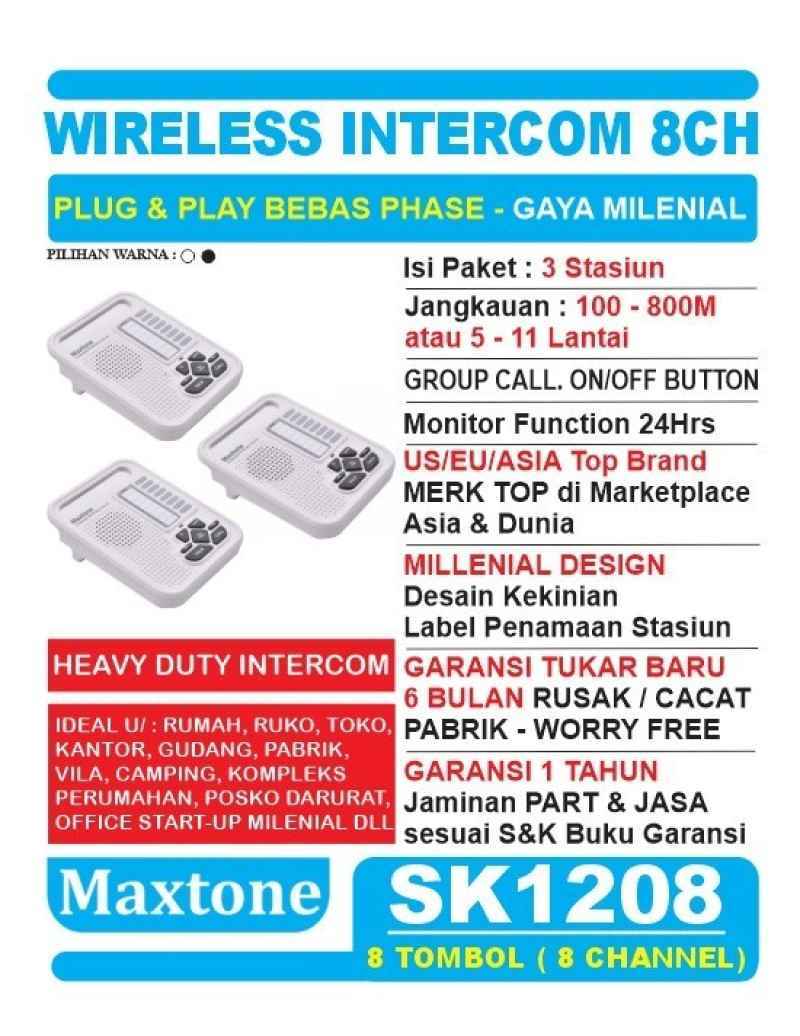 Promo Wireless Interkom 8ch Maxtone Sk1208 paket 3 Unit