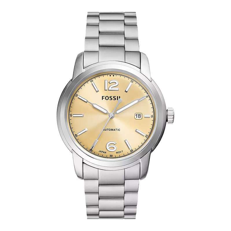 Jam Tangan Pria Fossil Heritage ME3231 Automatic Gold Dial Stainless Steel  Strap