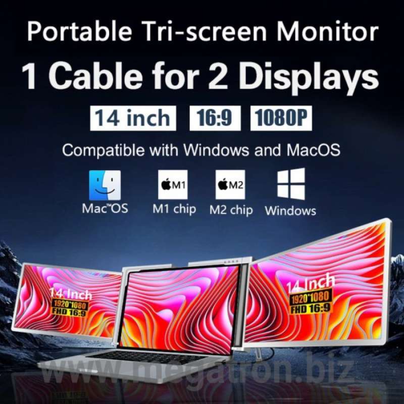 Promo Portable Triple Screen Monitor 14 Inch -1 Cable (for Windows & Os ...