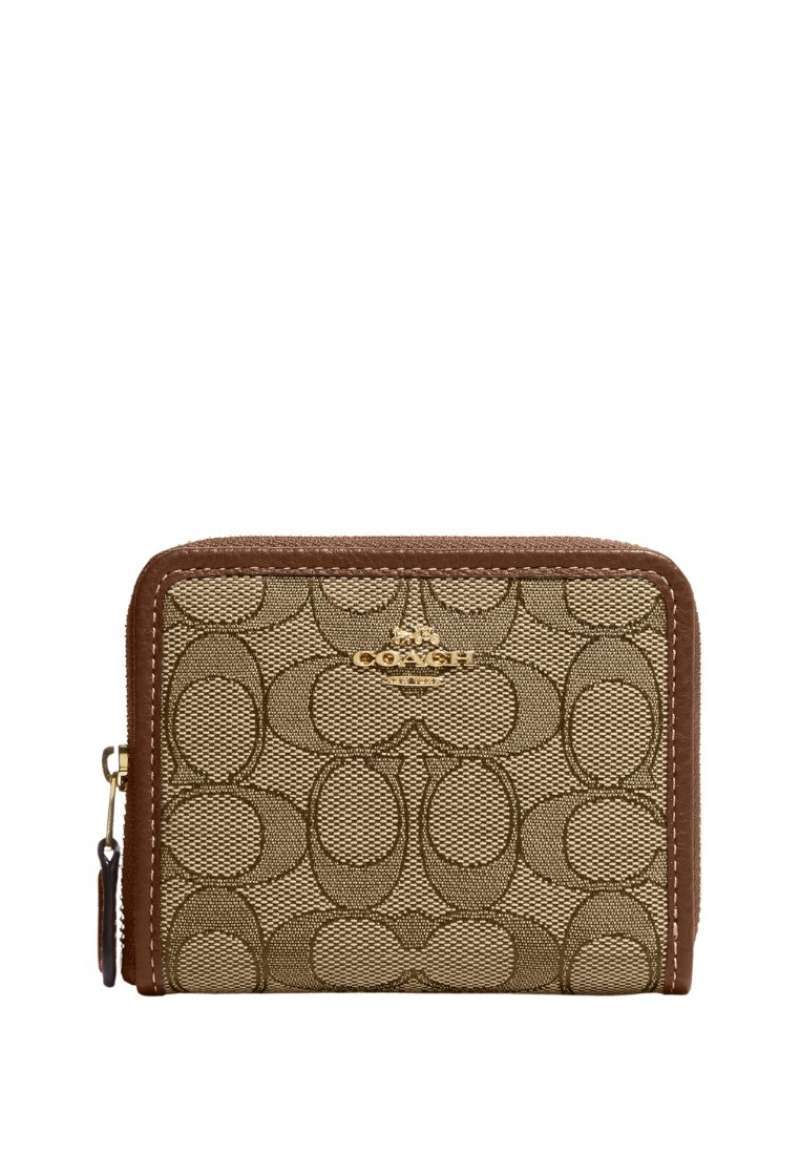 COACH Small Zip Around Wallet In Signature Jacquard Khaki Saddle Multi