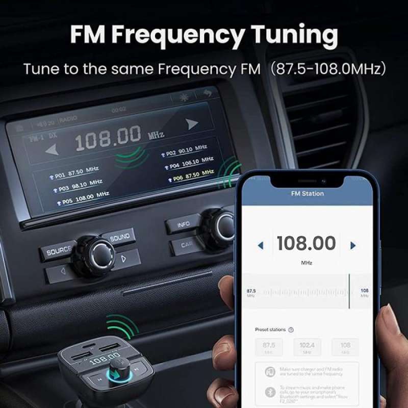 UGREEN Car Charger 2A 1C 1TF with FM Transmitter Bluetooth 5.0 - Black CD229 80910
