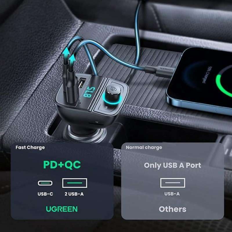 UGREEN Car Charger 2A 1C 1TF with FM Transmitter Bluetooth 5.0 - Black CD229 80910