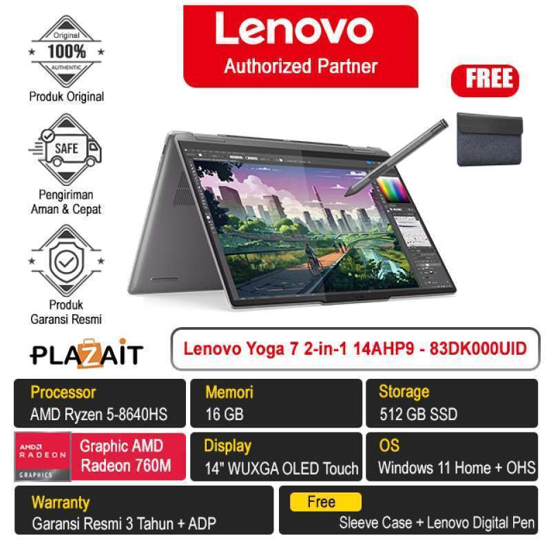 Laptop Lenovo Yoga 2-in-1 14AHP9 – 83DK000UID /AMD Ryzen  5-8640HS/16GB/512GB SSD/AMD Radeon Graphics/14″ Touch/Win 11  Home+OHS/Arctic Grey/3Y
