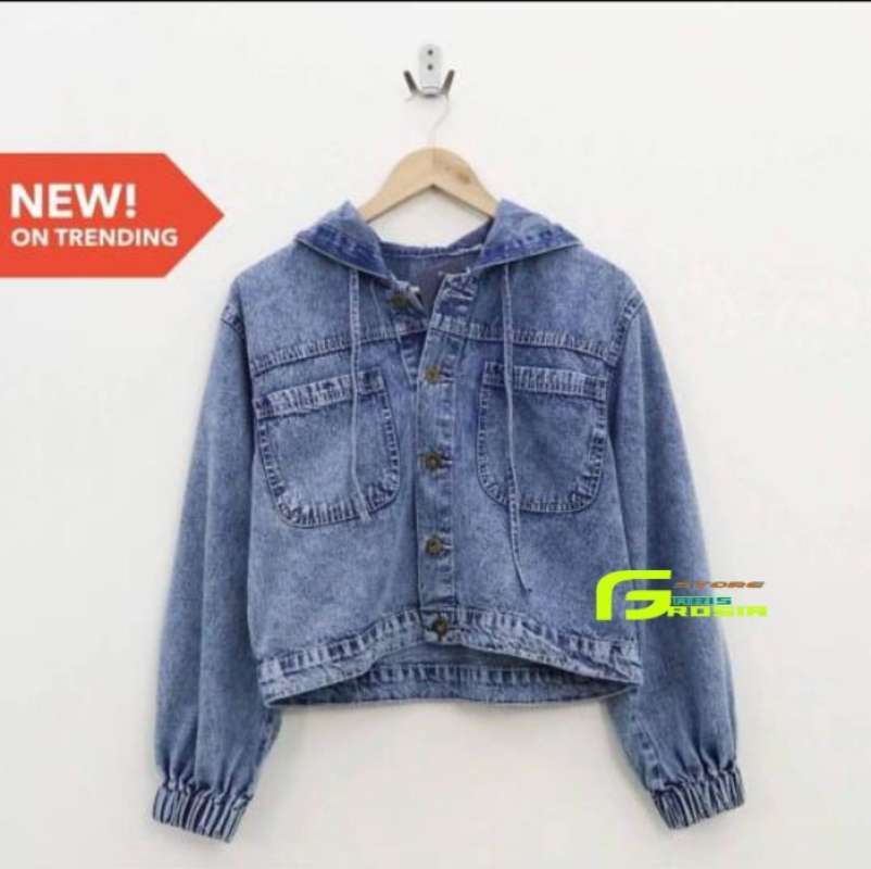Jaket jeans hoodie wanita discount