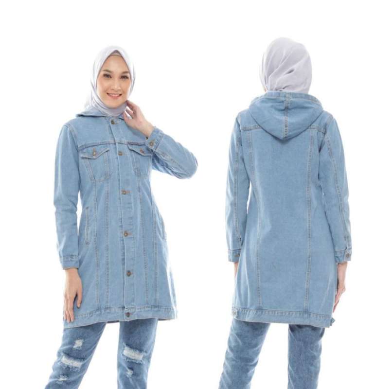 Jaket jeans hijab muslimah long denim hoodie wanita cewek perempuan