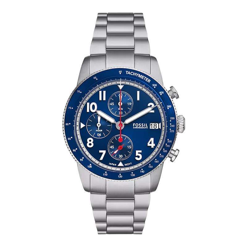 Jam Tangan Pria Fossil Sport Tourer FS6047 Men Chronograph Blue Dial  Stainless Steel Strap