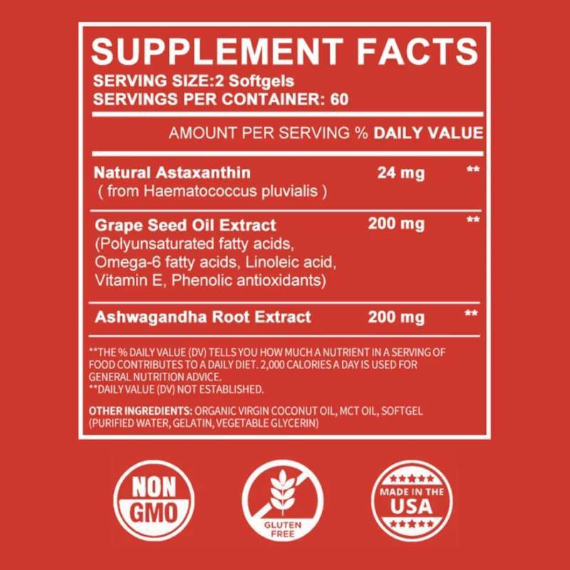 Complément Alimentaire Astaxanthine 24 Mg Avec Ashwagandha & Huile De Pépins De Raisin - 30/60/120 Capsules - Coolkin