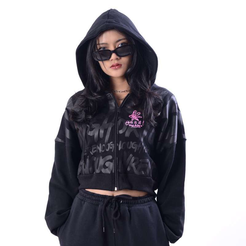Promo Hoodie Sweater Crop Oversize Zipper Resleting Katun Cewek