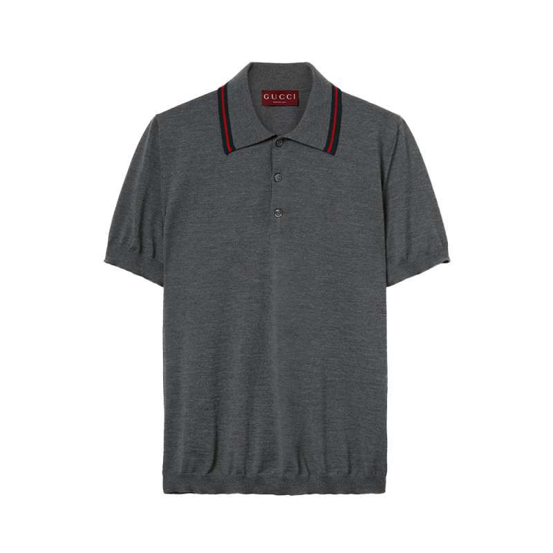 Gucci Wool Knit Polo Shirt with Web Stripe Dark Grey