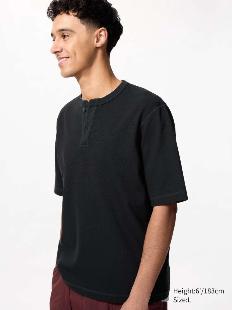UNIQLO T-Shirt Pria Dry Waffle Kerah Henley Neck lengan pendek BLACK