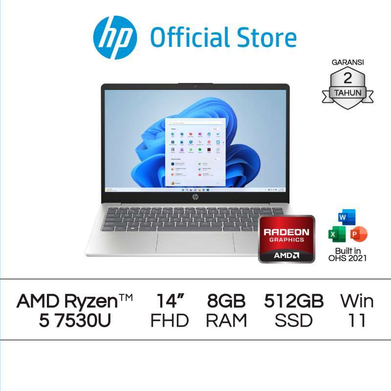 Laptop HP AMD Ryzen 5 dengan 8GB RAM dan 512GB SSD, Layar FHD 14 Inch, serta Keyboard Backlit. Ideal untuk Kerja dan Dirancang untuk Profesional
