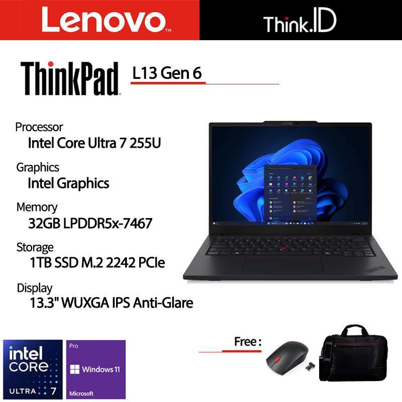 Lenovo ThinkPad L13 Gen 6 Laptop dengan Intel Core Ultra 7, 32GB RAM, dan 1TB SSD. Ideal untuk Profesional, dilengkapi Kamera IR dan Windows 11 Pro