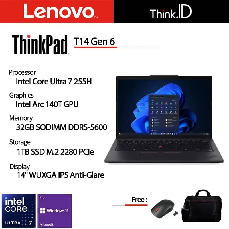 Lenovo ThinkPad T14 Gen 6 dengan Intel Core Ultra 7, 32GB RAM dan SSD 1TB, ideal untuk kalangan profesional yang butuh kinerja tinggi dan portabilitas