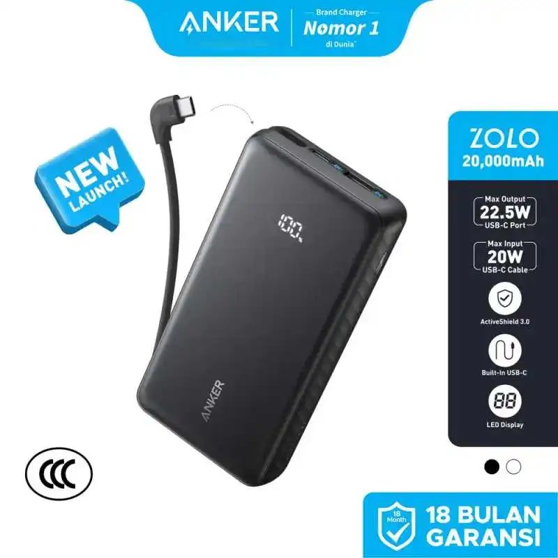 Power bank kapasitas 20000mAh dengan port USB-C berwarna hitam