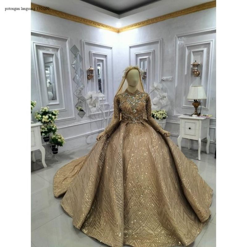 Baju pakaian gaun pengantin busana pernikahan wanita gown dress wedding dress muslim perempuan hijab syari warna coklat krem muda sequin